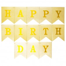 Гирлянда Флажки, Happy Birthday (золотые буквы), Золотая, Металлическая, с блестками, 16*160 см, 1 шт.