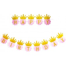 Гирлянда Happy Birthday, Золотые короны, Розовый, (180 см)