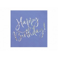 Салфетки, Cиний с перламутровыми буквами Happy Birthday, 20 шт. (33 cм)