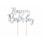 Топпер в торт, Happy Birthday, Серебро (22,5 см)