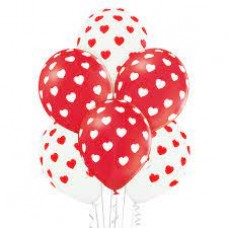 Lateksa balons ar zīmejumu, Sirdi, Balts, sarkans, (30 cm)