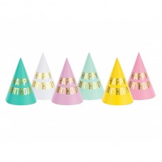 Papīra cepures, Happy Birthday, 6gb, (16 cm)