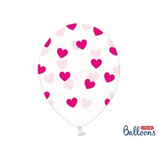 Lateksa balons ar zīmejumu, Caurspīdīgs ar aveņu sirdīm, (30 cm)