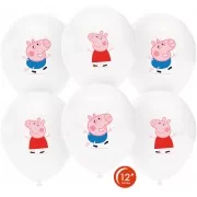 Lateksa balons, Peppa Pig & George, Balts, (30cm)